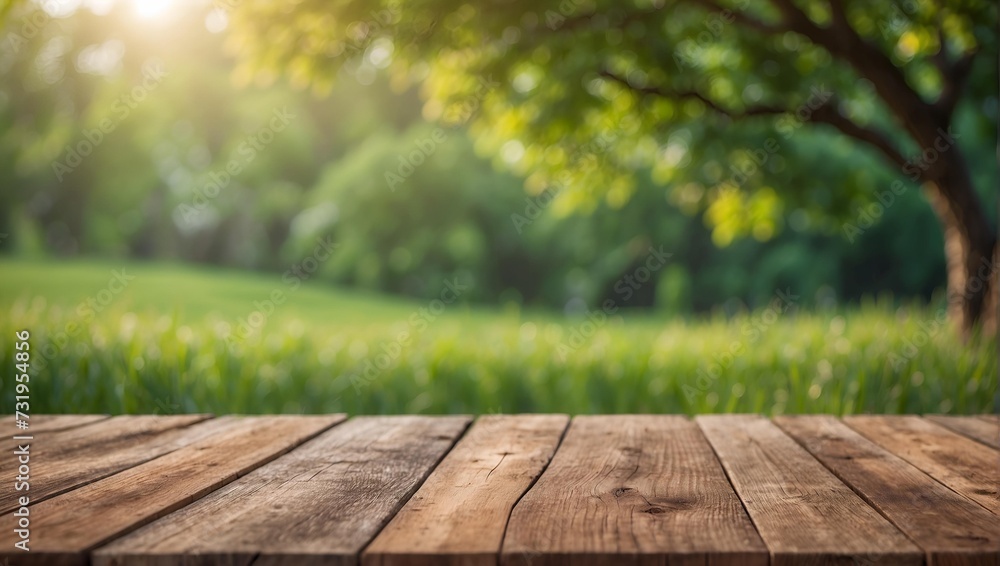 Empty wooden table with blurred summer meadow background . Product display , presentation ideas Empty wooden table with blurred summer meadow background . Product display , presentation ideas