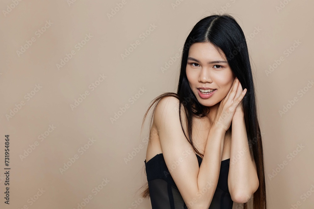 Woman glamour femininity fashion hair cosmetic asian model portrait beautiful beauty beige salon Woman glamour femininity fashion hair cosmetic asian model portrait beautiful beauty beige salon