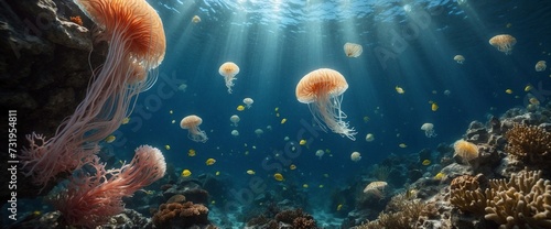 Underwater scene with corals and jellyfish