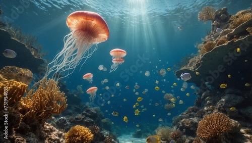 Underwater scene with corals and jellyfish