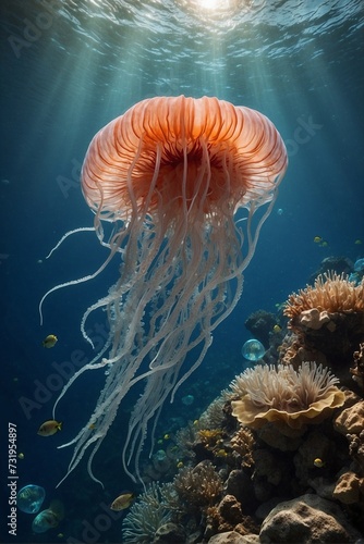 Underwater scene with corals and jellyfish