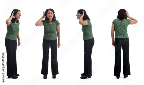 various poses of the same woman listening on white background