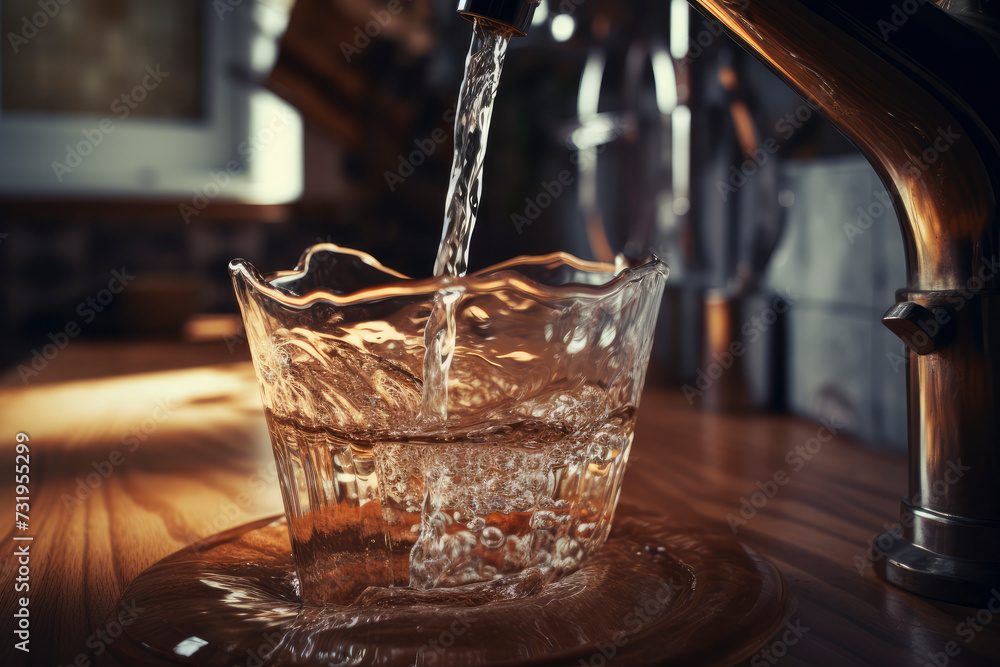 Clean tap, water. Kitchen tap, filling glass of water, illustrating the need fora clean, drinkable water supply Clean tap, water. Kitchen tap, filling glass of water, illustrating the need fora clean, drinkable water supply