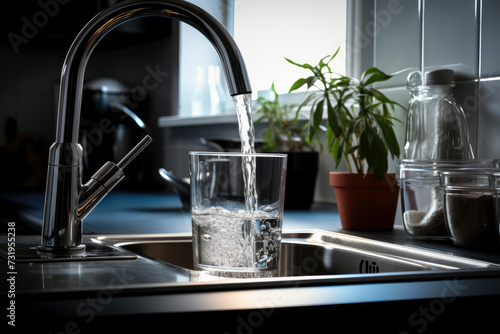 Clean tap, water. Kitchen tap, filling glass of water, illustrating the need fora clean, drinkable water supply