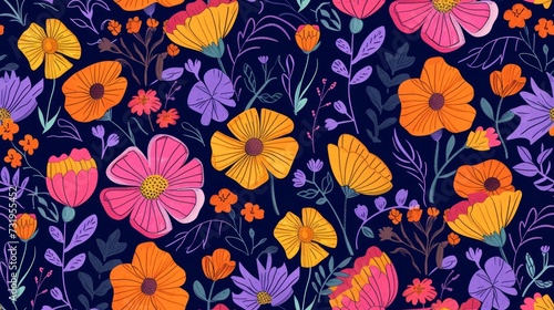 Flowers seamless pattern background  boho  doodle style. Generative Ai