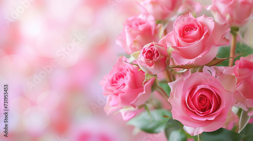 Pink roses background  many light pink flowers on a blurred background.