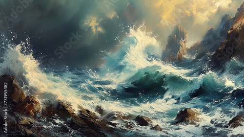 An energetic depiction of a stormy sea, with towering waves crashing against rocks. 