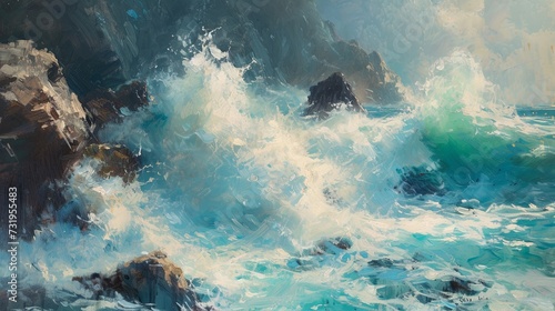 An energetic depiction of a stormy sea, with towering waves crashing against rocks. 