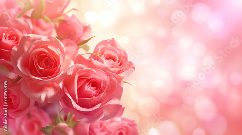 Pink roses background, many light pink flowers on a blurred background.