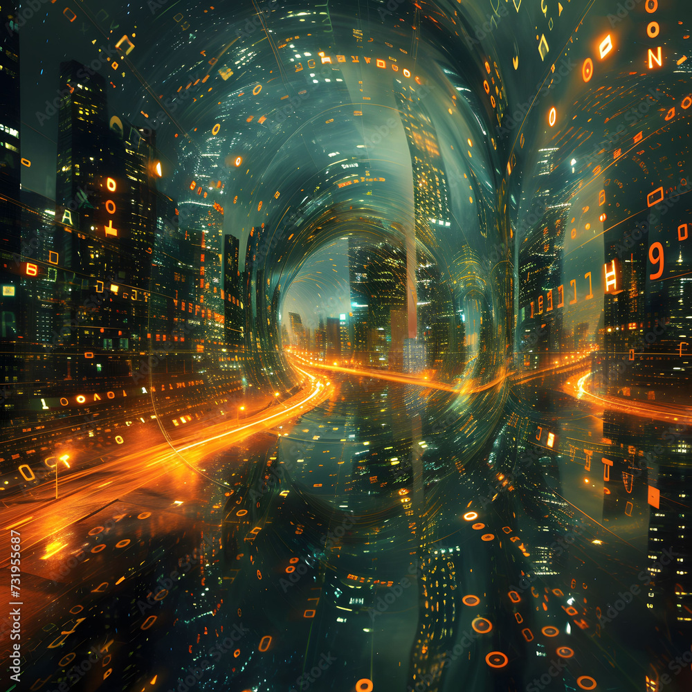 abstract image of an urban street with lights and buildings, in the style of futuristic cityscapes abstract image of an urban street with lights and buildings, in the style of futuristic cityscapes