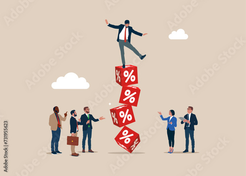 Businessman falling from stack of unstable cube block with percentage. Downgrade rate hike due to inflation. Flat vector illustration