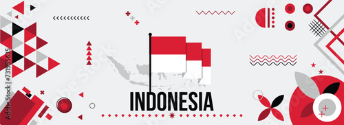 Indonesia national or independence day banner for country celebration. Flag and map of Indonesia with raised fists. Modern retro design with typorgaphy abstract geometric icons. Vector illustration	 photo