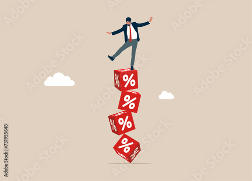 Investor falling from stack of unstable cube block with percentage. Returned interest, financial and mortgage rates. Flat vector illustration