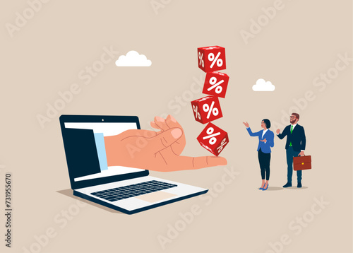 Hand help balance cube block with percentage. Interest downgrade hike or downgrade rate hike due to inflation. Flat vector illustration 