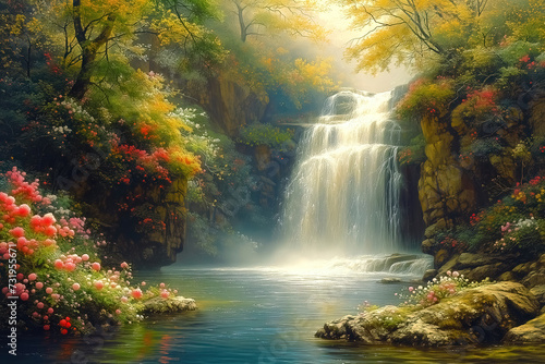 Fantasy waterfall with trees and beautiful flowers, idyllic landscape