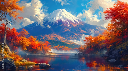 An autumn colorful landscape, beautiful orange red trees in the forest near river with the Fujiyama volcano in the background