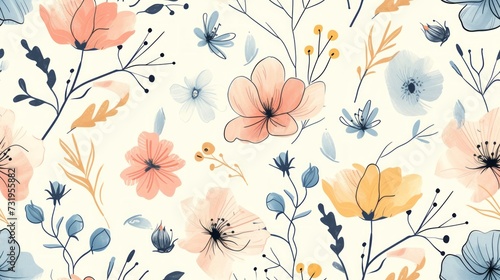 Flowers seamless pattern background, boho, doodle style. Generative Ai