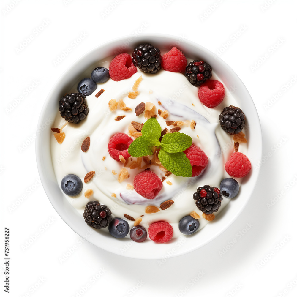 Greek Yogurt Medley Visual Feast Featuring Plain and Topped Bowls on a White Background Greek Yogurt Medley Visual Feast Featuring Plain and Topped Bowls on a White Background