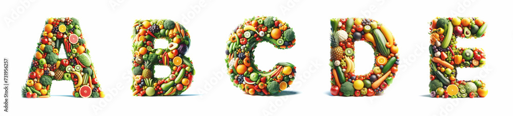 Fruits and Vegetables set - Letters A - B - C - D - E. 3D healthy diet letters from the alphabet isolated on a white background. Diet concept art. Healthy food. Organic fruits and veggies. 