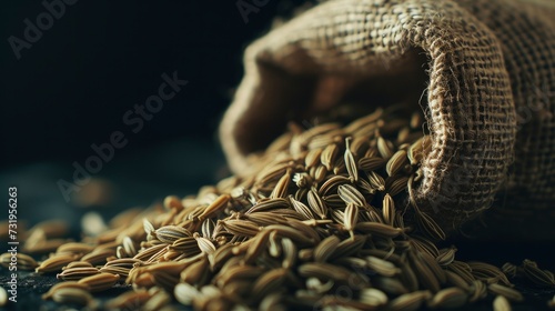 A macro shot of fennel seeds gently spilled out of the sack photo
