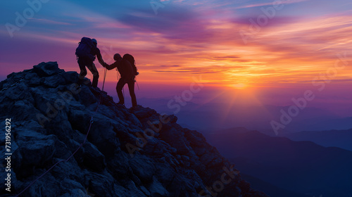 Silhouette of Two Climbers Helping Each Other on Mountain Peak at Sunrise. Adventure and Teamwork Concept © KN Studio