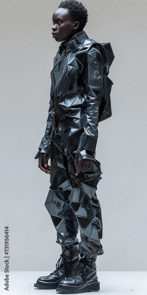 Afroamerikanischer Mann in schwarzer futuristischer Kleidung aus Plastik in abstrakten Stil Afroamerikanischer Mann in schwarzer futuristischer Kleidung aus Plastik in abstrakten Stil