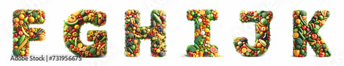 Fruits and Vegetables set - Letters F - G - H - I - J - K. 3D healthy diet letters from the alphabet isolated on a white background. Diet concept art. Healthy food. Organic fruits and veggies. 
