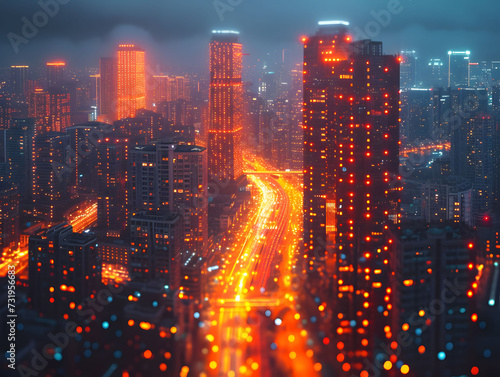 cityscape of architecture at night, in the style of future tech, dark cyan and ambe