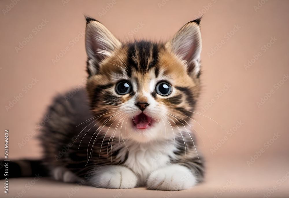 baby cat with funny expiration on minimal background, kitten