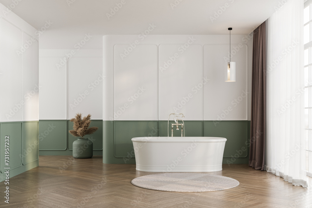 Classic bathroom interior with luxury bathtub and green-white wall, parquet floor.