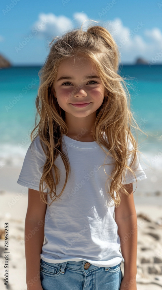 Little Caucasian girl on background of sandy beach of sea. Little Caucasian girl on background of sandy beach of sea.