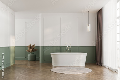 Classic bathroom interior with luxury bathtub and green-white wall  parquet floor.