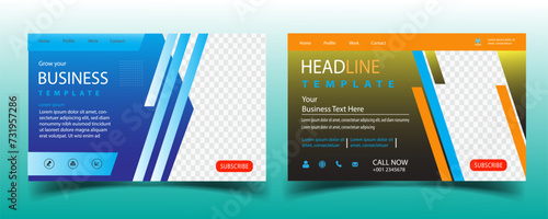 Social media business post template. Modern banner design with blue and red color decoration and place for the photo. Suitable for social media, websites, flyers, and banners.