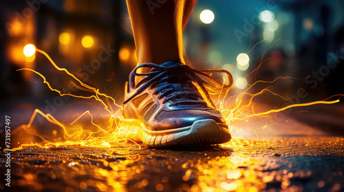 Dynamic energy in a single step: Close-up of a training shoe radiating power and speed. Perfect for showcasing athleticism and modern fitness training