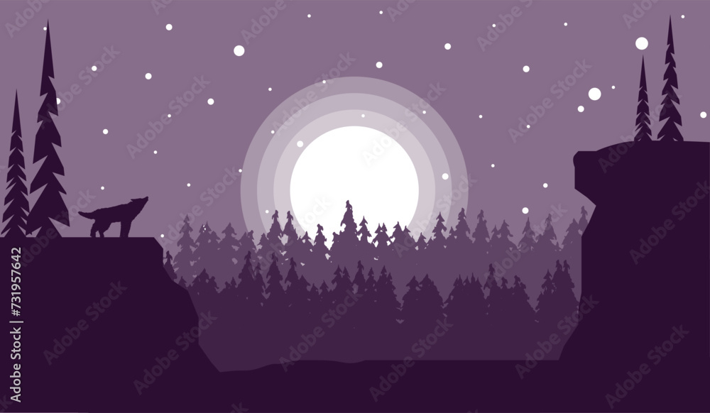 Howling Wolf with Moonlight Landscape Flat Art. Nature and wildlife concept vector art