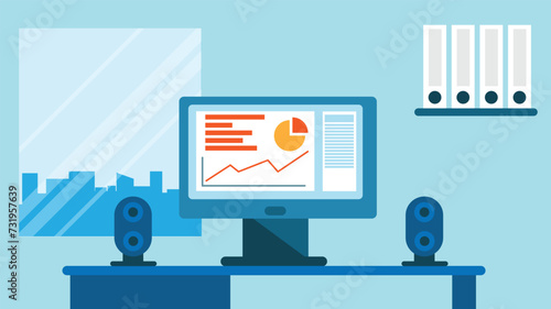 Home Office Table with Computer Speakers and Documents. Working and business concept vector art