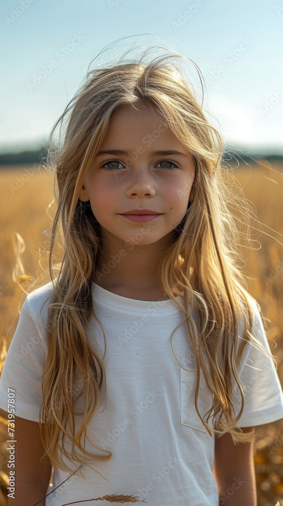 Caucasian girl in white t-shirt and jeans on background summer field.