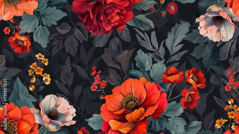 flowers, boho, doodle, dark color, seamless pattern background. Generative Ai