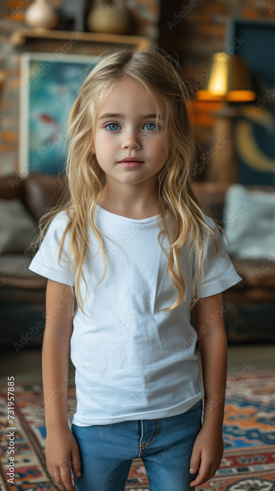 Caucasian girl on background of modern loft colorful living room of house.