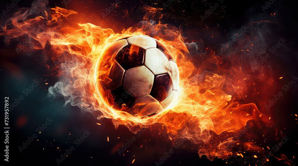 Fototapeta premium football on fire, Fiery and Dynamic sports action captures blazing energy, and triumph on the field. A powerful blend of skill and passion in a fiery display.