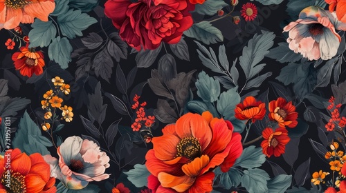 flowers  boho  doodle  dark color  seamless pattern background. Generative Ai