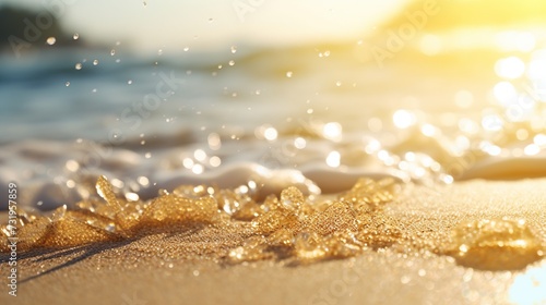 Beautiful golden sand at tropical beach with water sea and sun light. Summer vacation and travel concept background