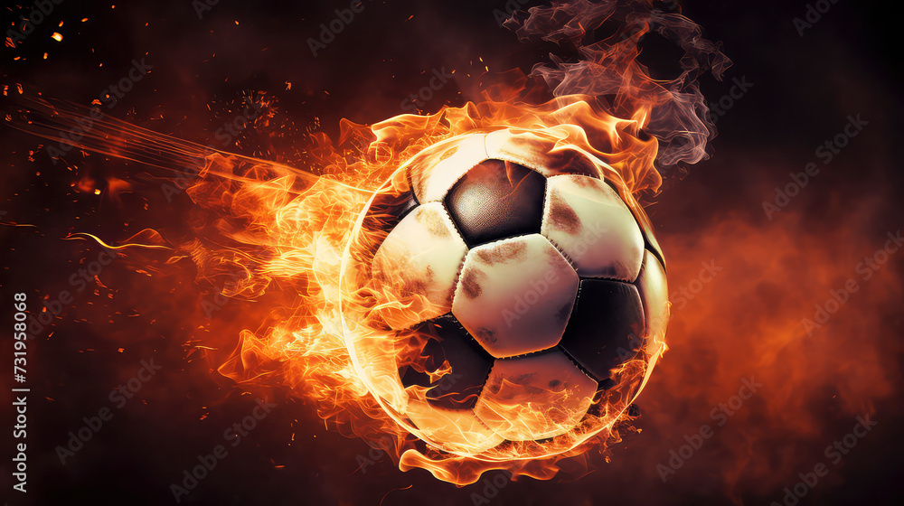Fototapeta premium football on fire, Fiery and Dynamic sports action captures blazing energy, and triumph on the field. A powerful blend of skill and passion in a fiery display.