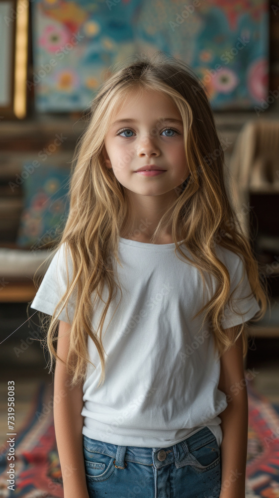 Caucasian girl on background of modern loft colorful living room of house.