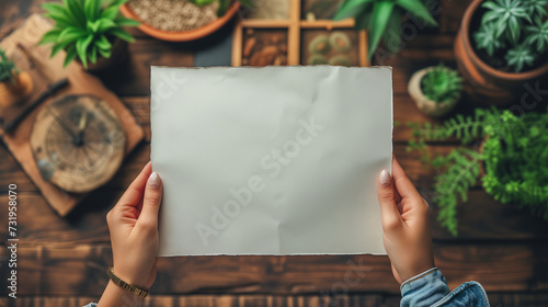 Hands holding blank paper - mockup (ID: 731958070)