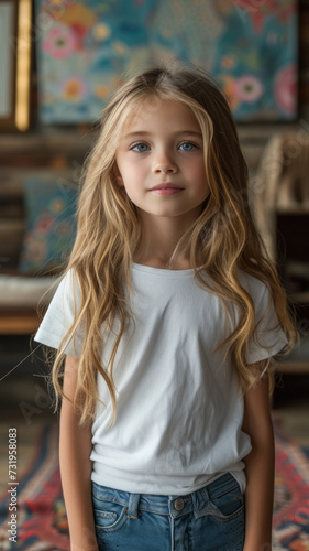 Wallpaper Mural Caucasian girl on background of modern loft colorful living room of house. Torontodigital.ca