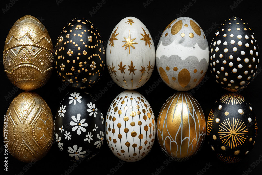 A luxurious display of black and white Easter eggs adorned with intricate golden patterns A luxurious display of black and white Easter eggs adorned with intricate golden patterns