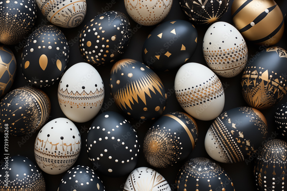 A luxurious display of black and white Easter eggs adorned with intricate golden patterns A luxurious display of black and white Easter eggs adorned with intricate golden patterns