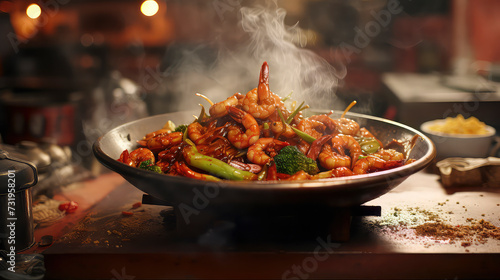 Aromatic stir-fry in the heart of an oriental kitchen, showcasing the skilled preparation of a delectable Chinese prawn dish