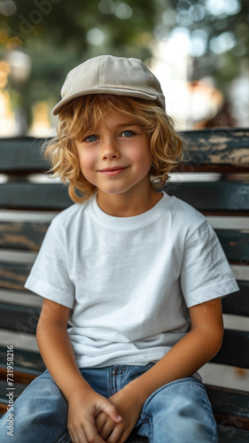 Caucasian boy sitting on bench on background of green summer city park.